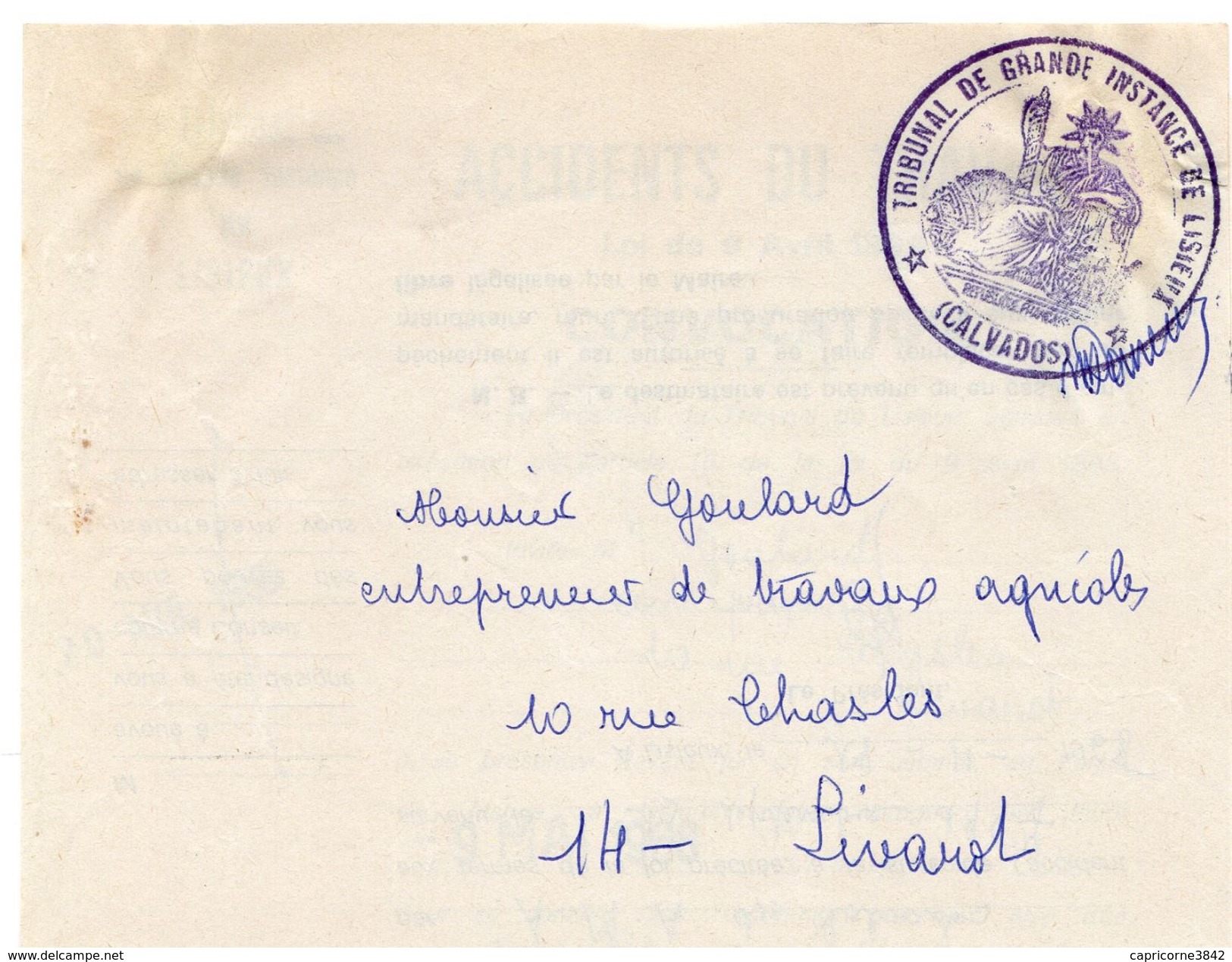1968 - Enveloppe-lettre Envoyée Du  Tribunal De Grande Instance De Lisieux En Franchise Postale - Lettres Civiles En Franchise