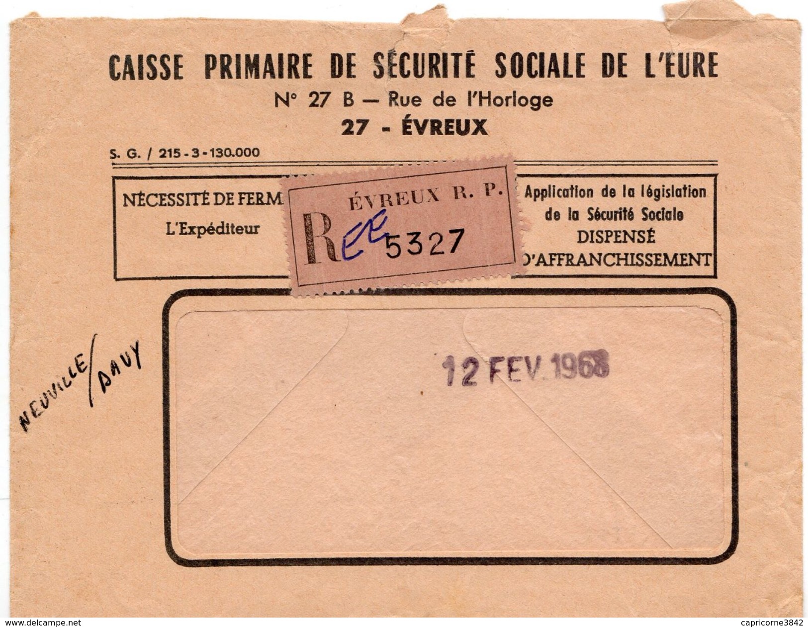 1968 - Lettre De La Sécurité Sociale De L'Eure - Dispensé D'Affranchissement Envoyé En Recommandé - Civil Frank Covers