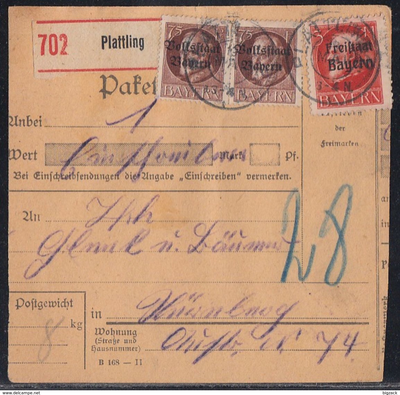 Bayern Paketkarte Mif Minr.2x 135IIA, 167A Plattling - Sonstige & Ohne Zuordnung