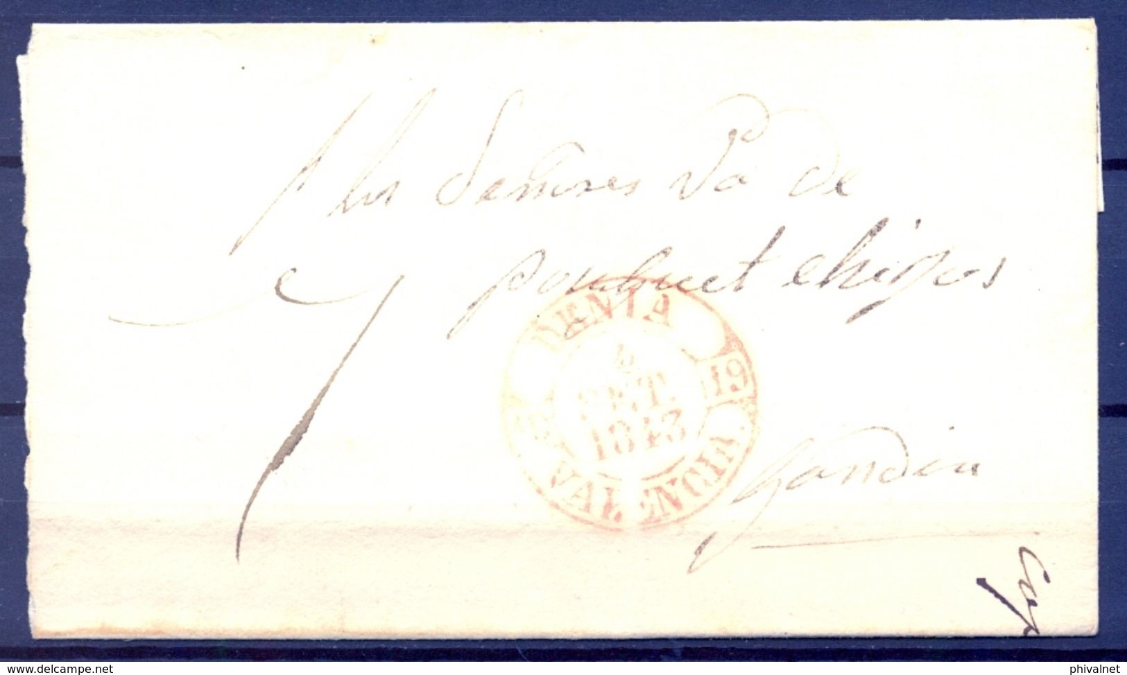 1843 , ALICANTE , ENVUELTA CIRCULADA ENTRE DENIA Y GANDIA , BAEZA DE DENIA EN ROJO - ...-1850 Prefilatelia