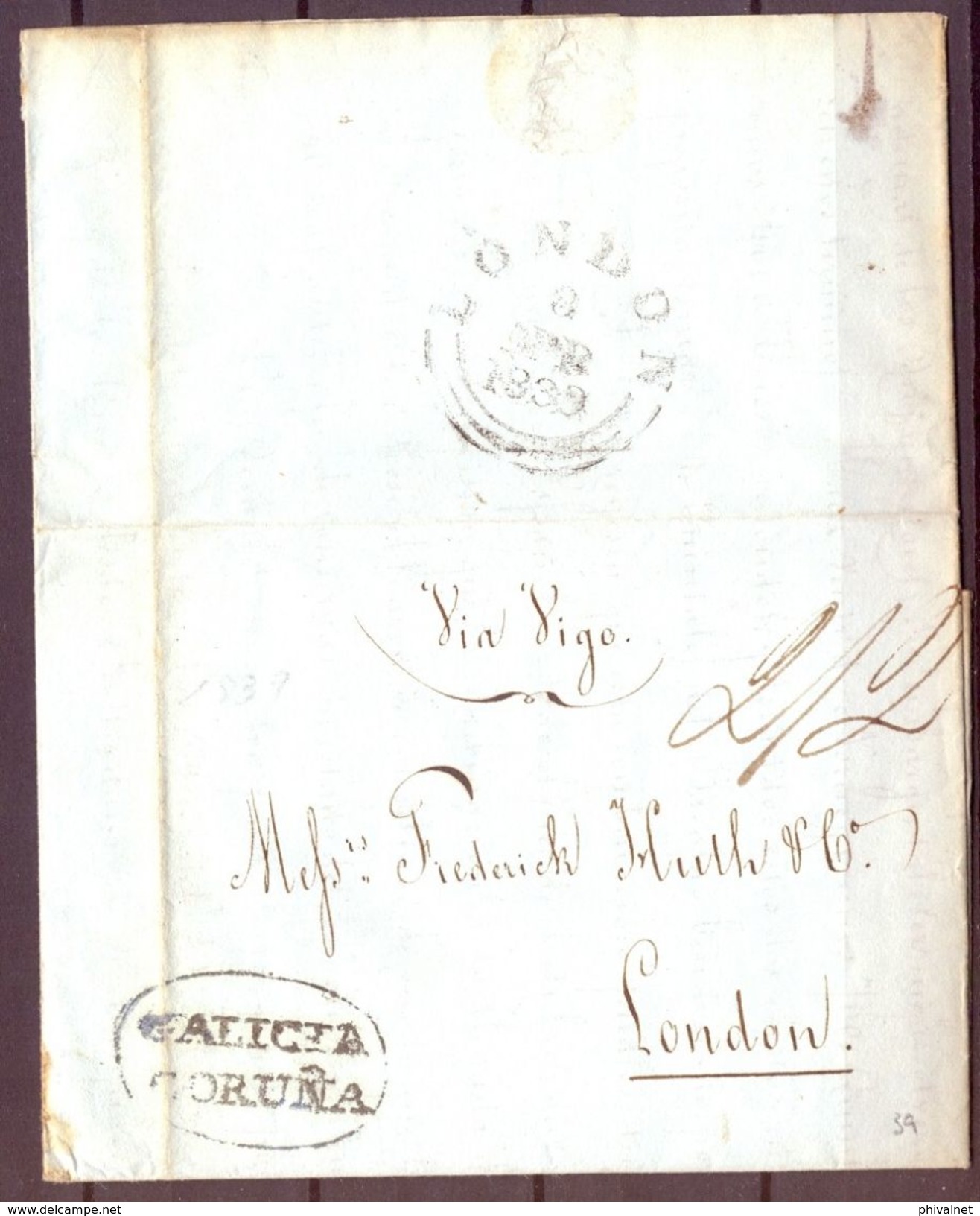 1839 , CORUÑA , PREF. Nº 9 , CARTA CIRCULADA A LONDRES, VIA VIGO , LLEGADA  AL DORSO. - ...-1850 Prephilately