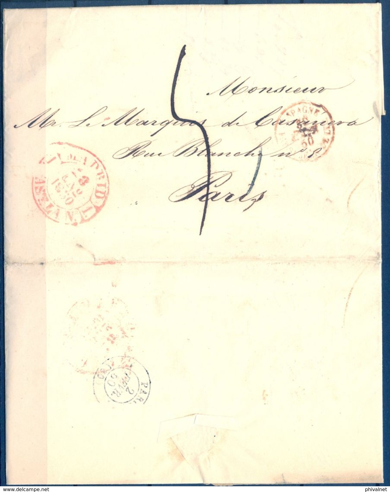 1850 , MADRID , CARTA CIRCULADA A PARIS , BAEZA EN ROJO , MARCA DE ENTRADA A FRANCIA , LLEGADA - ...-1850 Vorphilatelie