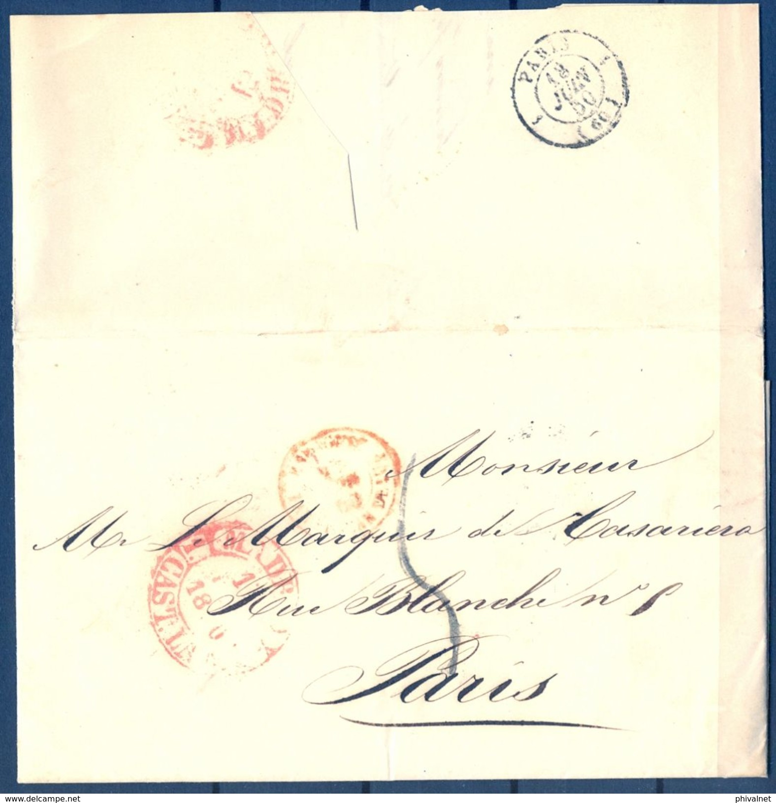 1850 , MADRID , CARTA CIRCULADA A PARIS , BAEZA EN ROJO , MARCA DE ENTRADA A FRANCIA , LLEGADA - ...-1850 Prephilately