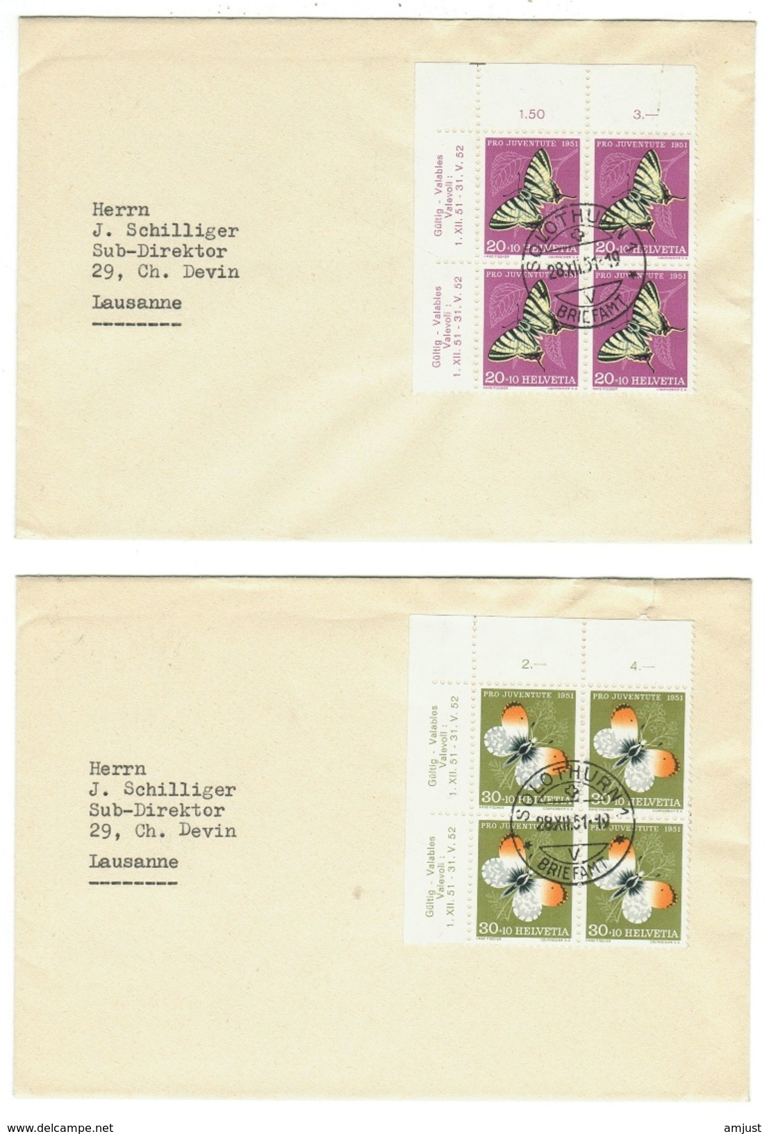 Suisse // Schweiz // Switzerland //  Pro-Juventute  // 5 Lettres Pour Soleure Avec Série En Bloc De 4// 1951 - Briefe U. Dokumente