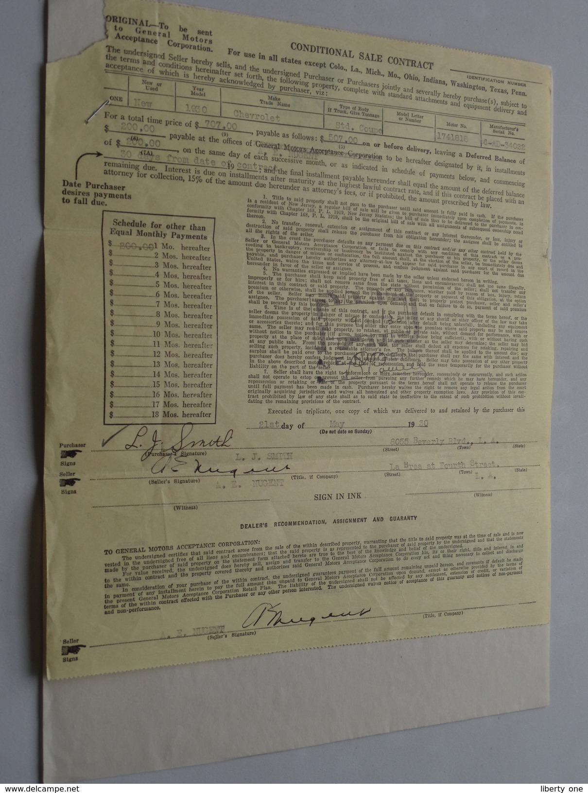 A. E. NUGENT Chevrolet Dealer LaBrea Los Angeles > Mr. Smith Beverly Blvd 8055 ( Contract & Letter ) 1930 ! - Etats-Unis