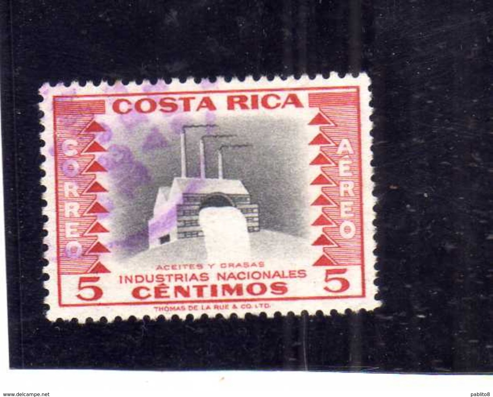 COSTA RICA 1954 AIR MAIL POSTA AEREA AEREO INDUSTRIES INDUSTRIAS NACIONALES REFINERY CENT 5c USATO USED OBLITERE' - Costa Rica