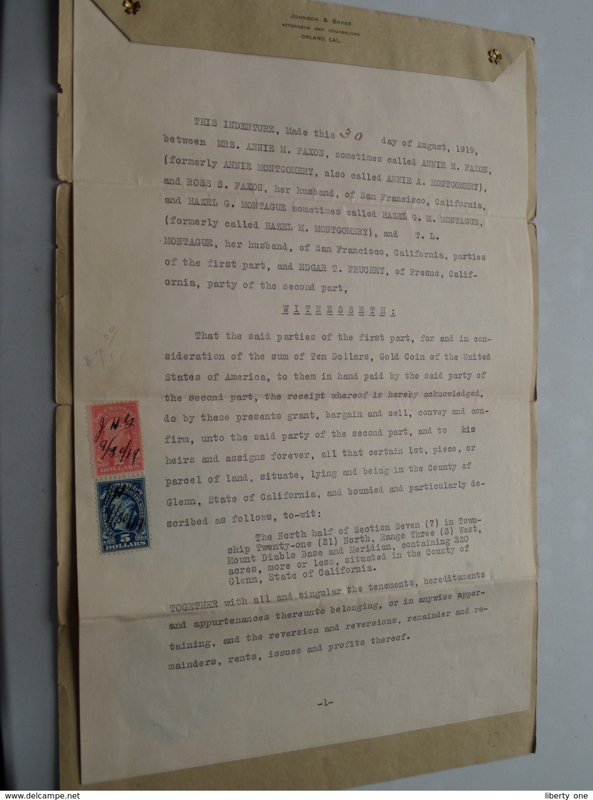 Between FAXON (Montgomery) And MONTAGUE And FRUCHEY For A Parcel Of Land In Glenn California ( Notary Contract ) 1919 ! - Etats-Unis