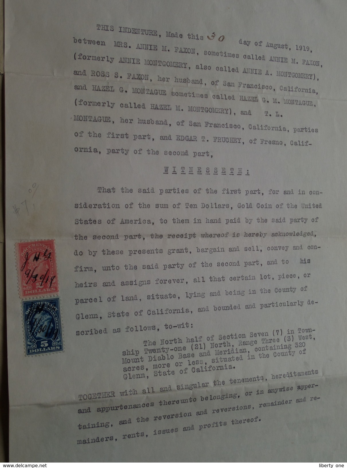 Between FAXON (Montgomery) And MONTAGUE And FRUCHEY For A Parcel Of Land In Glenn California ( Notary Contract ) 1919 ! - Etats-Unis