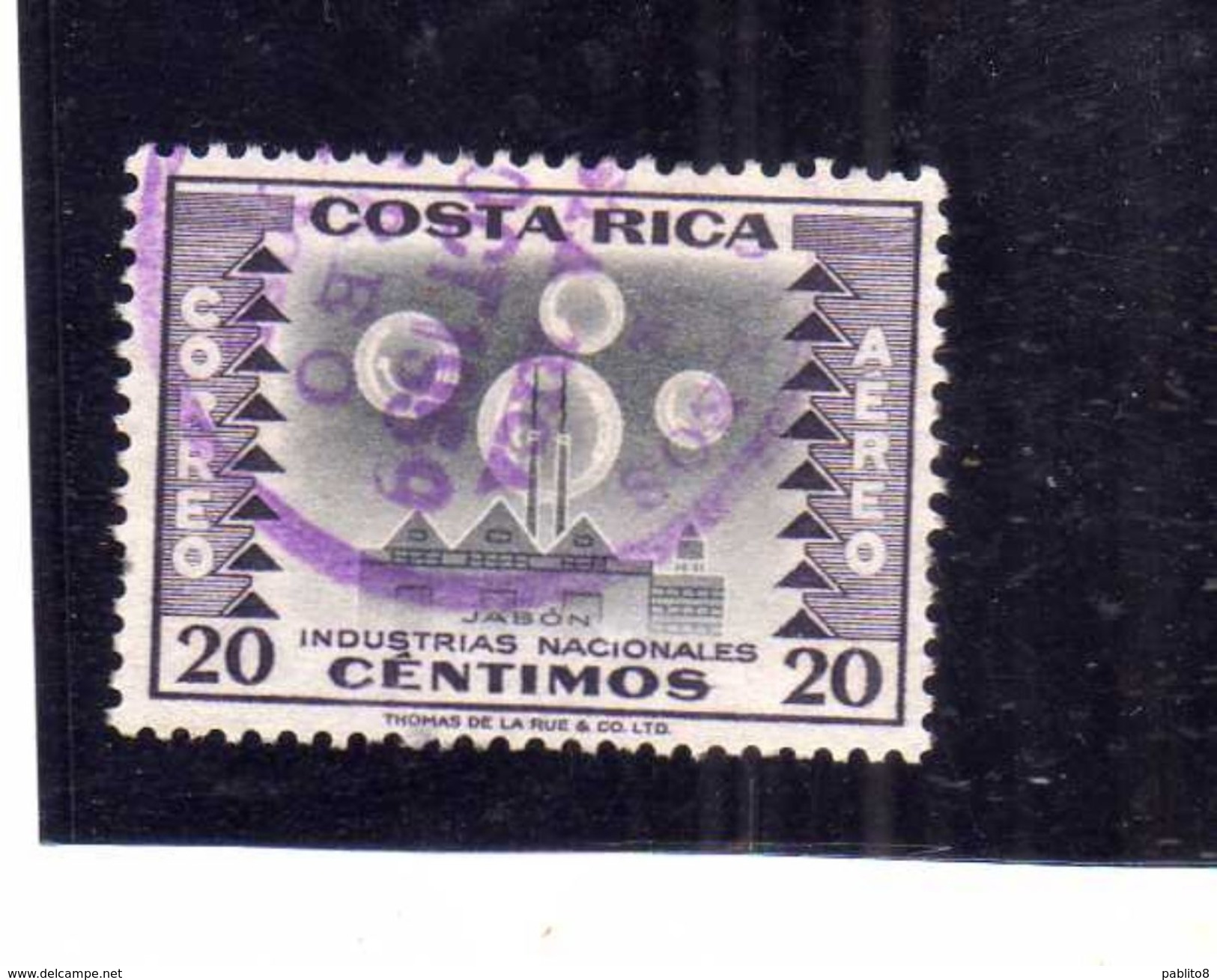 COSTA RICA 1954 AIR MAIL POSTA AEREA AEREO INDUSTRIES INDUSTRIAS NACIONALES SOAP CENT 20c USATO USED OBLITERE' - Costa Rica