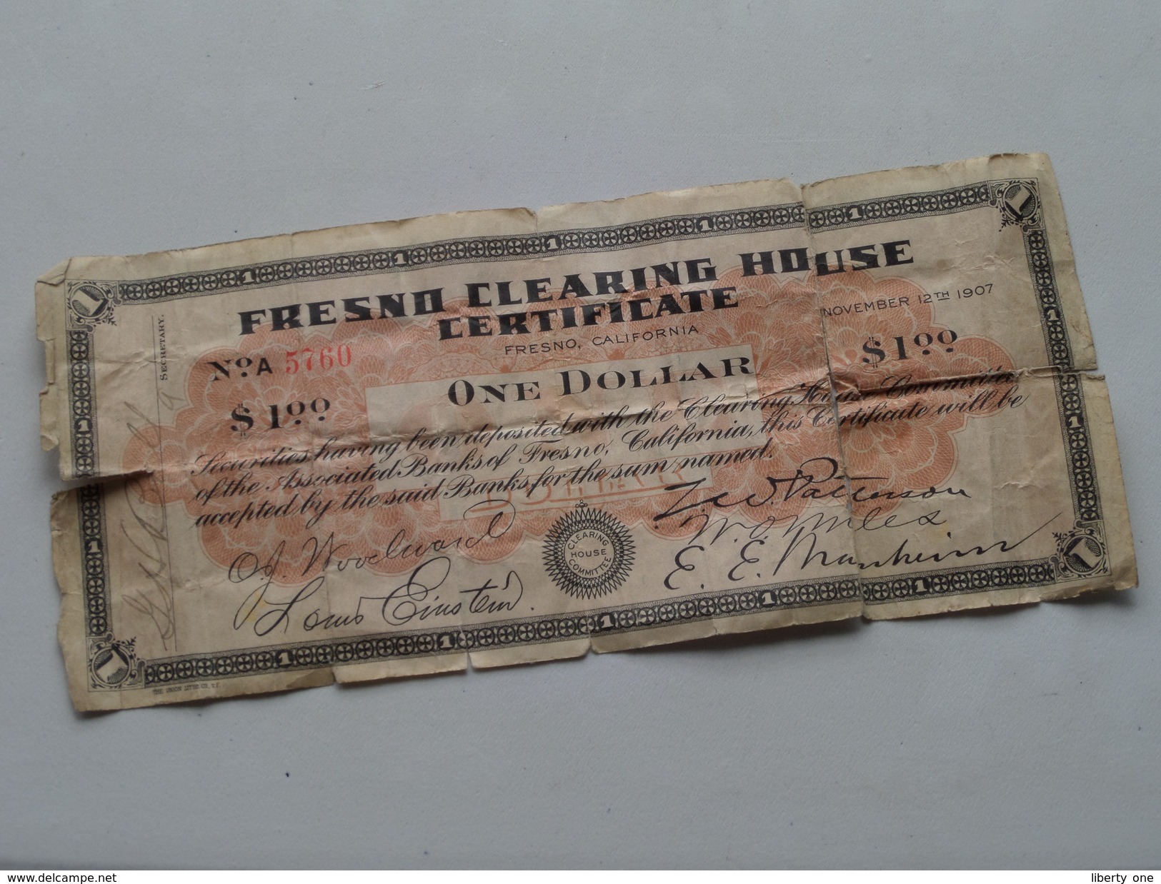 FRESNO CLEARING HOUSE CERTIFICATE Fresno California - ONE DOLLAR ( N° A 5760 ) 1907 ! - Estados Unidos