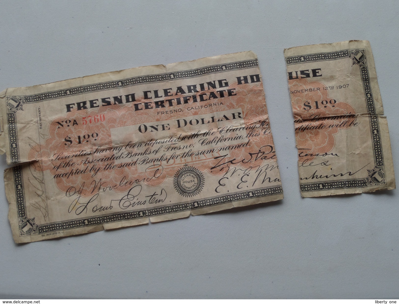 FRESNO CLEARING HOUSE CERTIFICATE Fresno California - ONE DOLLAR ( N° A 5760 ) 1907 ! - Etats-Unis