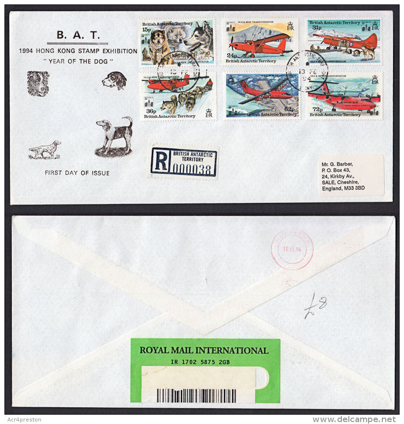 E0260 BRITISH ANTARCTIC TERRITORY 1994, SG 240-45  Transportation On Postally Used Registered Cover To UK,  FDC - Covers & Documents