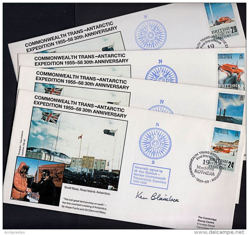 F0149 BRITISH ANTARCTIC TERRITORY 1988, SG 163-6 30th Anniv Trans-Antarctic Expedition,  4 @ Signed FDCs - Covers & Documents