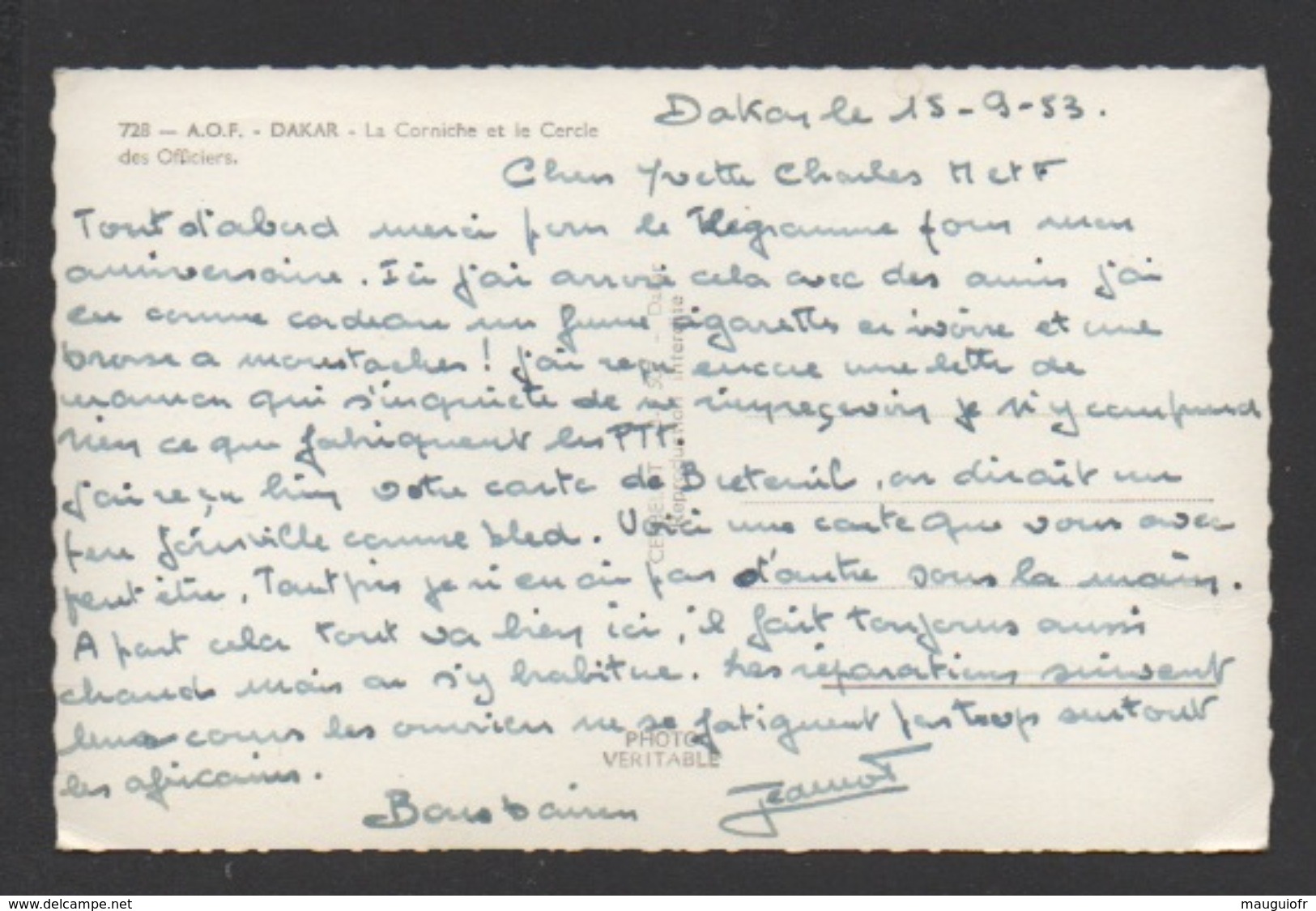 DF / SÉNÉGAL / DAKAR / LA CORNICHE ET LE CERCLE DES OFFICIERS / CIRCULÉE EN 1953 - Sénégal