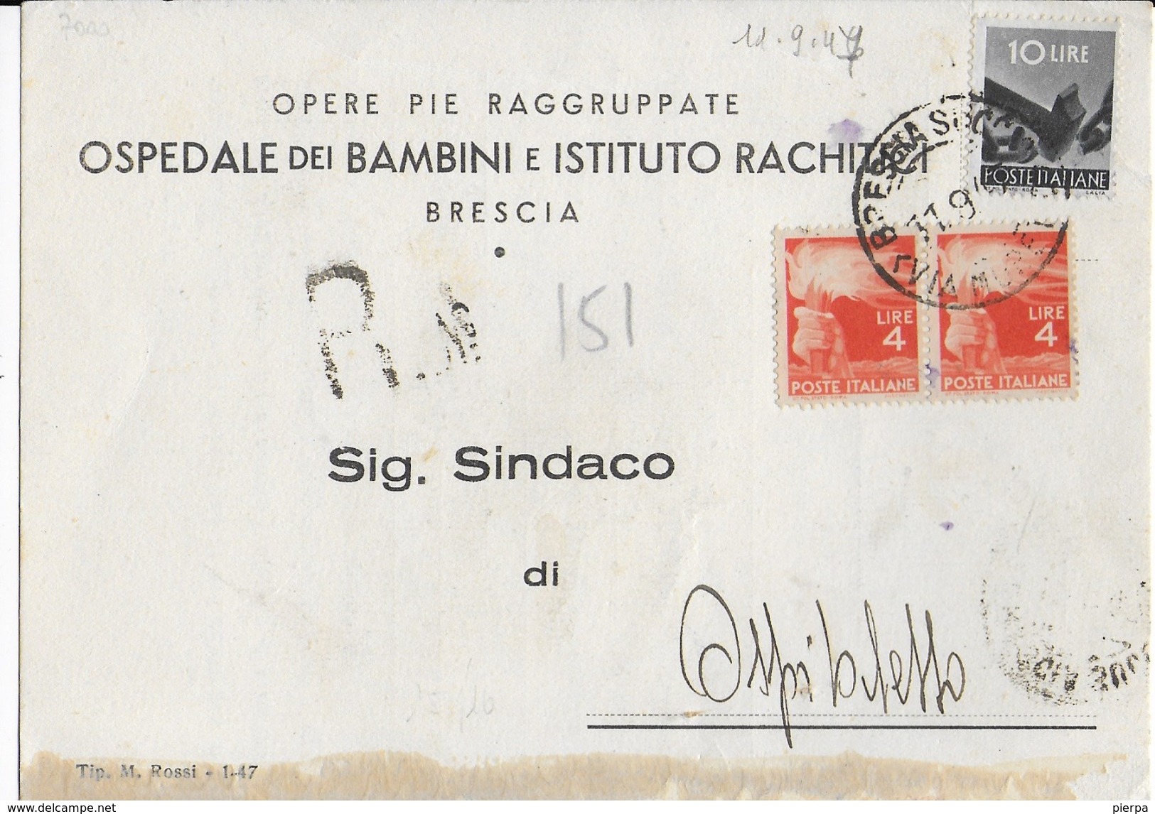 STORIA POSTALE REPUBBLICA - CARTOLINA POSTALE RACCOMANDATA DA BRESCIA 11.09.1947 PER OSPITALETTO - 1946-60: Storia Postale