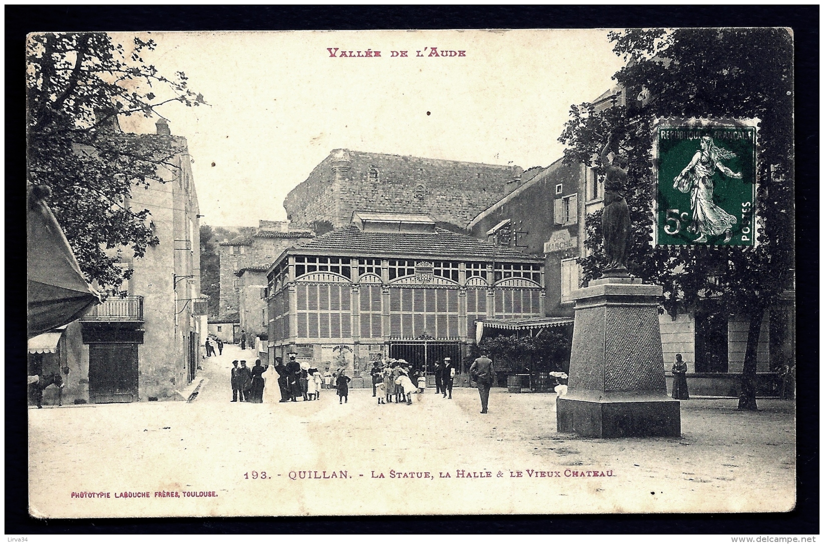 CPA ANCIENNE FRANCE- QUILLAN (11)- LA STATUE- LA HALLE- LE VIEUX CHATEAU- BELLE ANIMATION GROS PLAN- COMMUNIANTE - Other & Unclassified