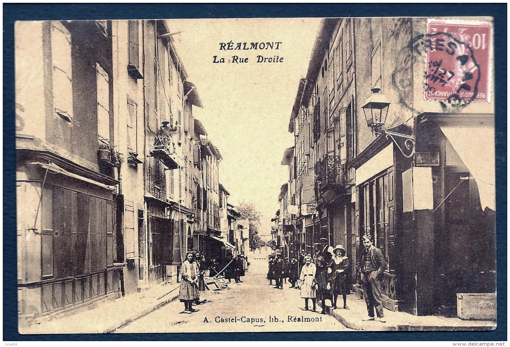 CPA ANCIENNE FRANCE- RÉALMONT (81)-  LA RUE DROITE AVEC TRES BELLE ANIMATION GROS PLAN- COMMERCES - Realmont