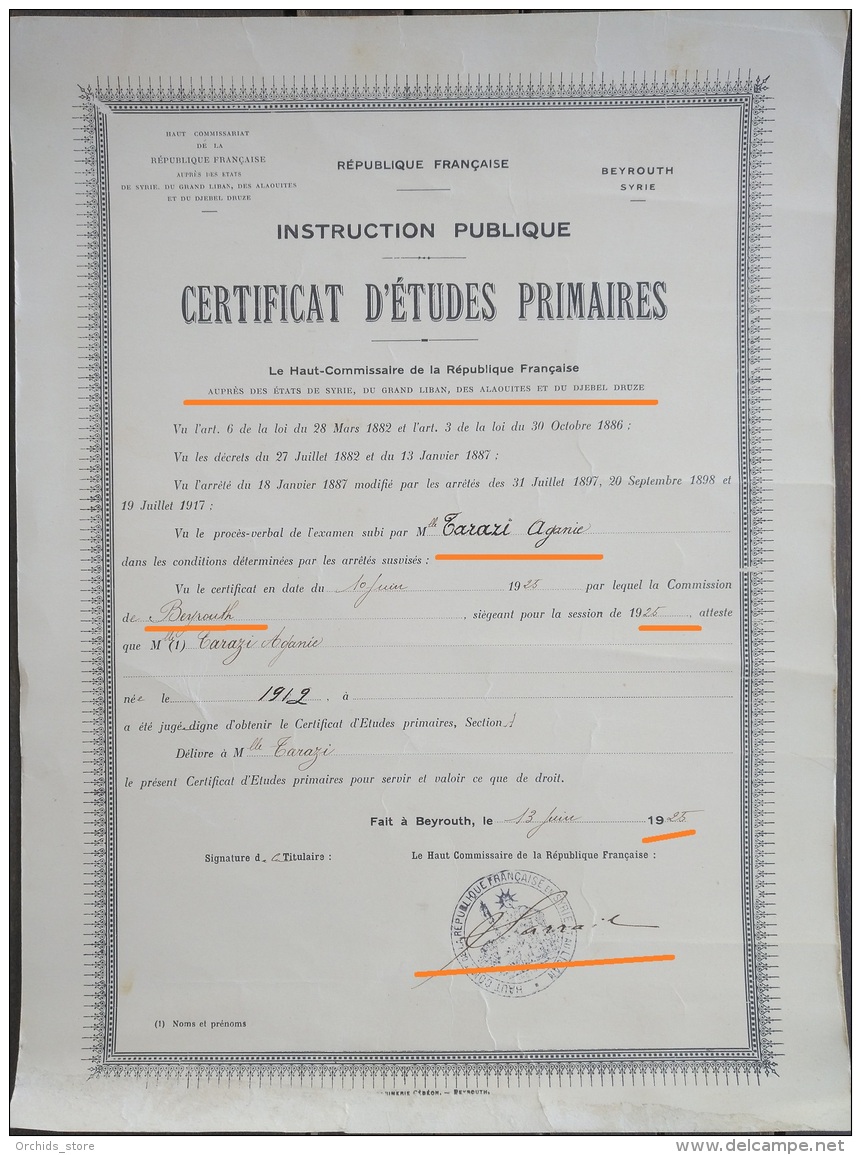 Lebanon Scarce 1925 Official Certificate Signed By The French Governer Himself, General SERAIL - Diploma & School Reports