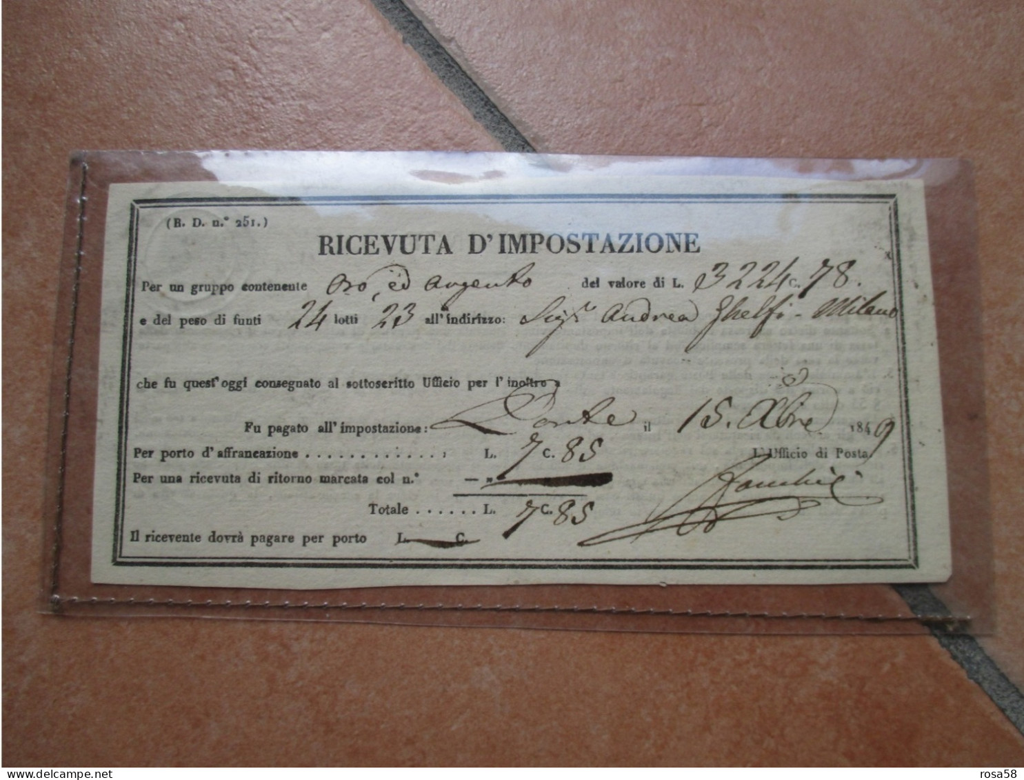 1849 RICEVUTA IMPOSTAZIONE Alto Valore Contenuto ORO ARGENTO Mod. BD 251 - Lombardo-Veneto