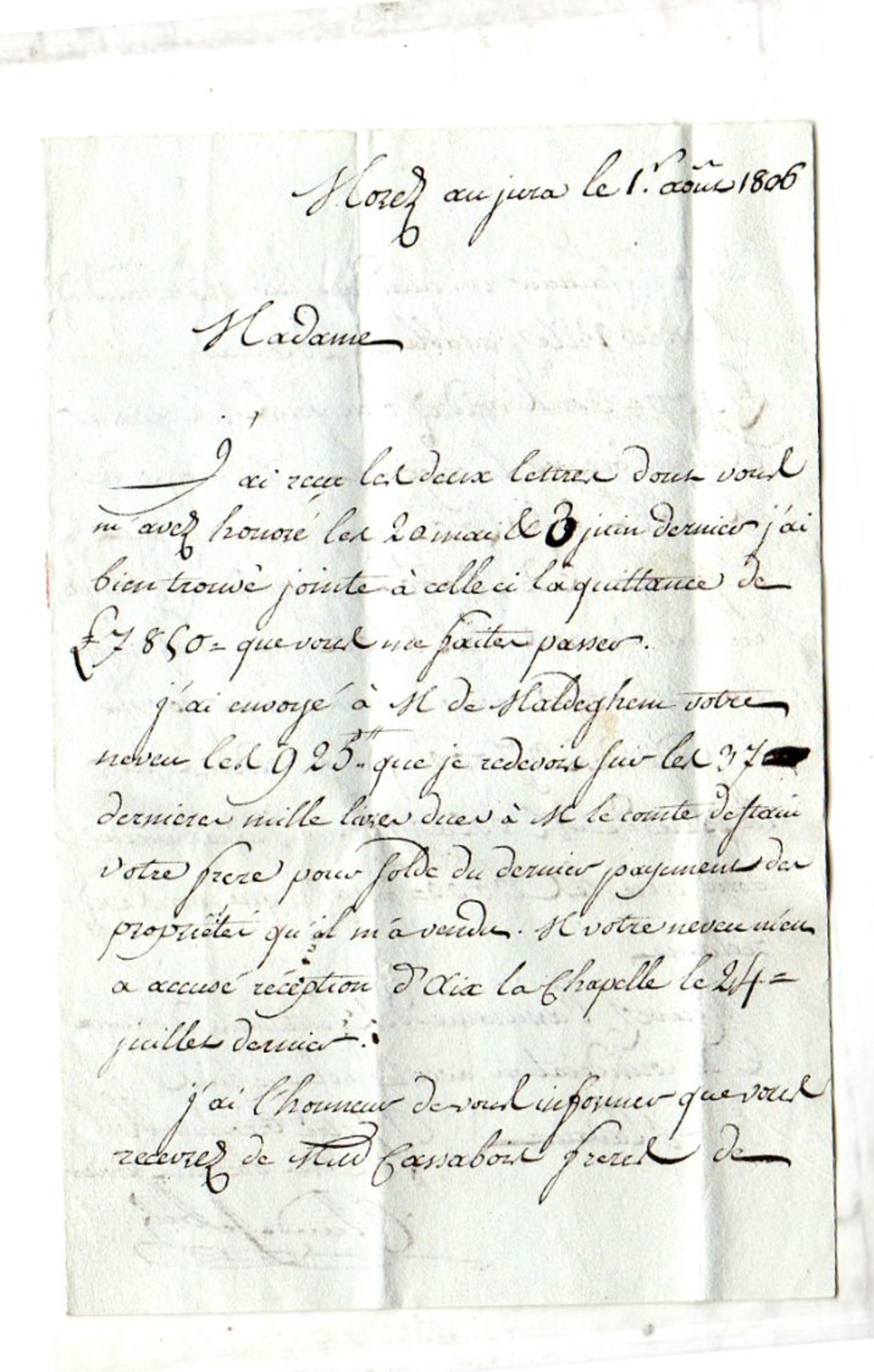 1806 38 Morez Claude Jobely To Mme Charlotte-Anne-Sophie-Désirée Stain Château Chalon à Dôle (EO1-142) - Other & Unclassified