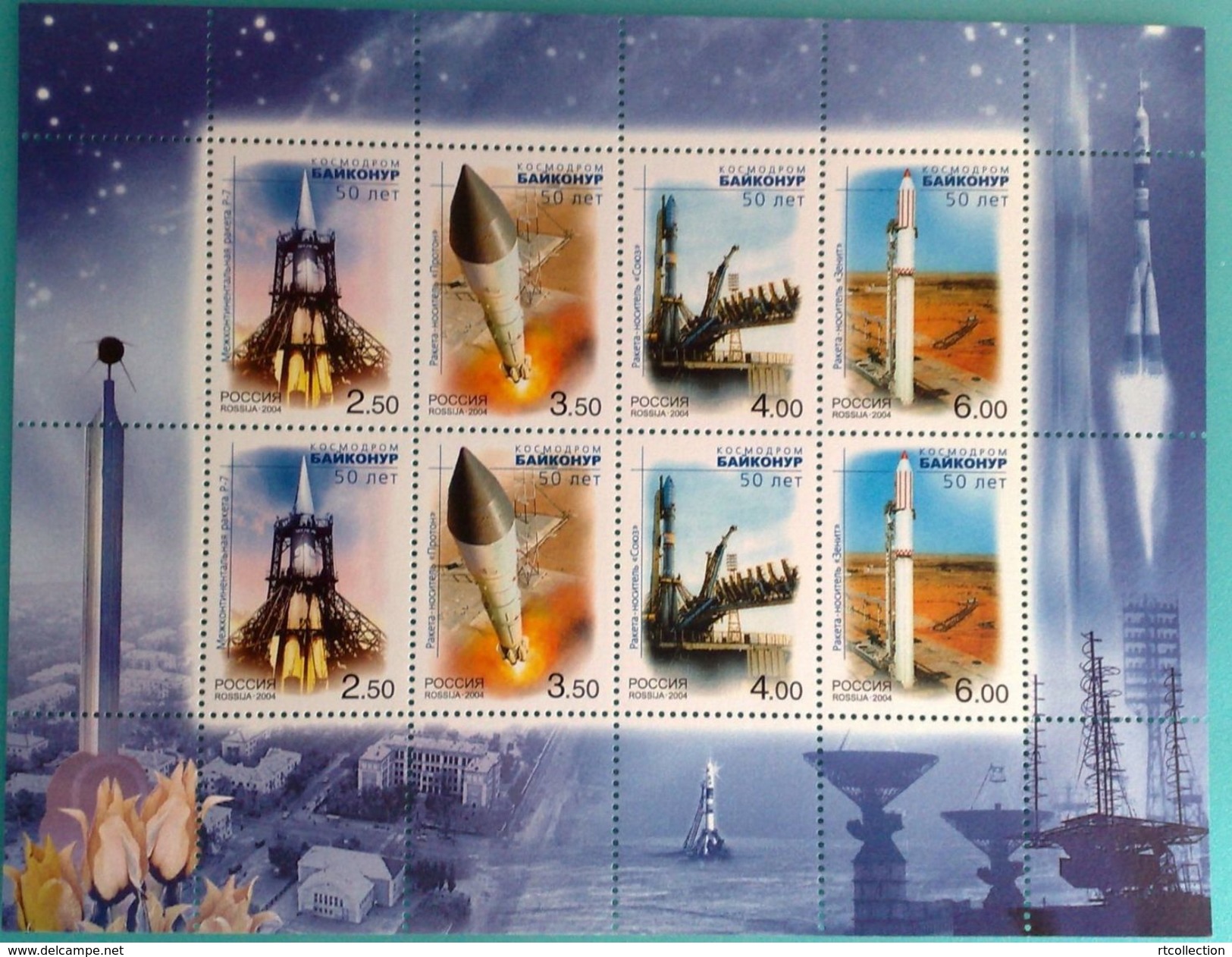 Russia 2004 Sheetlet Baikonur Cosmodrome 50th Anni Space Rocket Soyuz Booster Sciences Stamps MNH Mi 1220-1223 - Collections