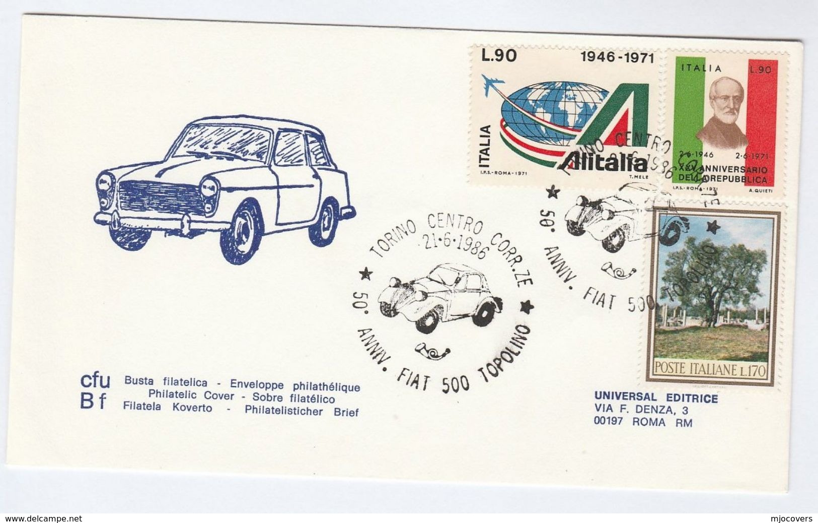 1986 Torino FIAT 500 TOPOLINO 50th Anniv EVENT COVER Stamps Car Cars Italy - Cars