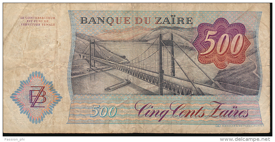 CONGO KINSHASA ZAIRE MOBUTU BANK NOTE 500 ZAIRES 14.10.85 - Democratic Republic Of The Congo & Zaire