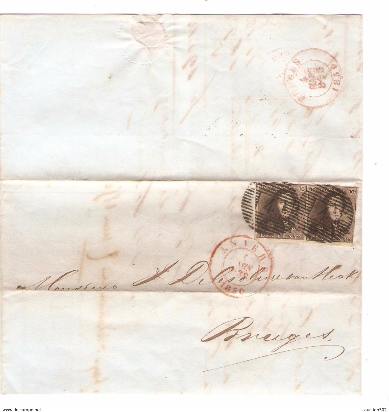 TP 1(2) S/LAC Obl.P.4 C.Anvers 4/3/1850 V.Bruges C.d'arrivée PR4758 - Postmarks - Lines: Perceptions