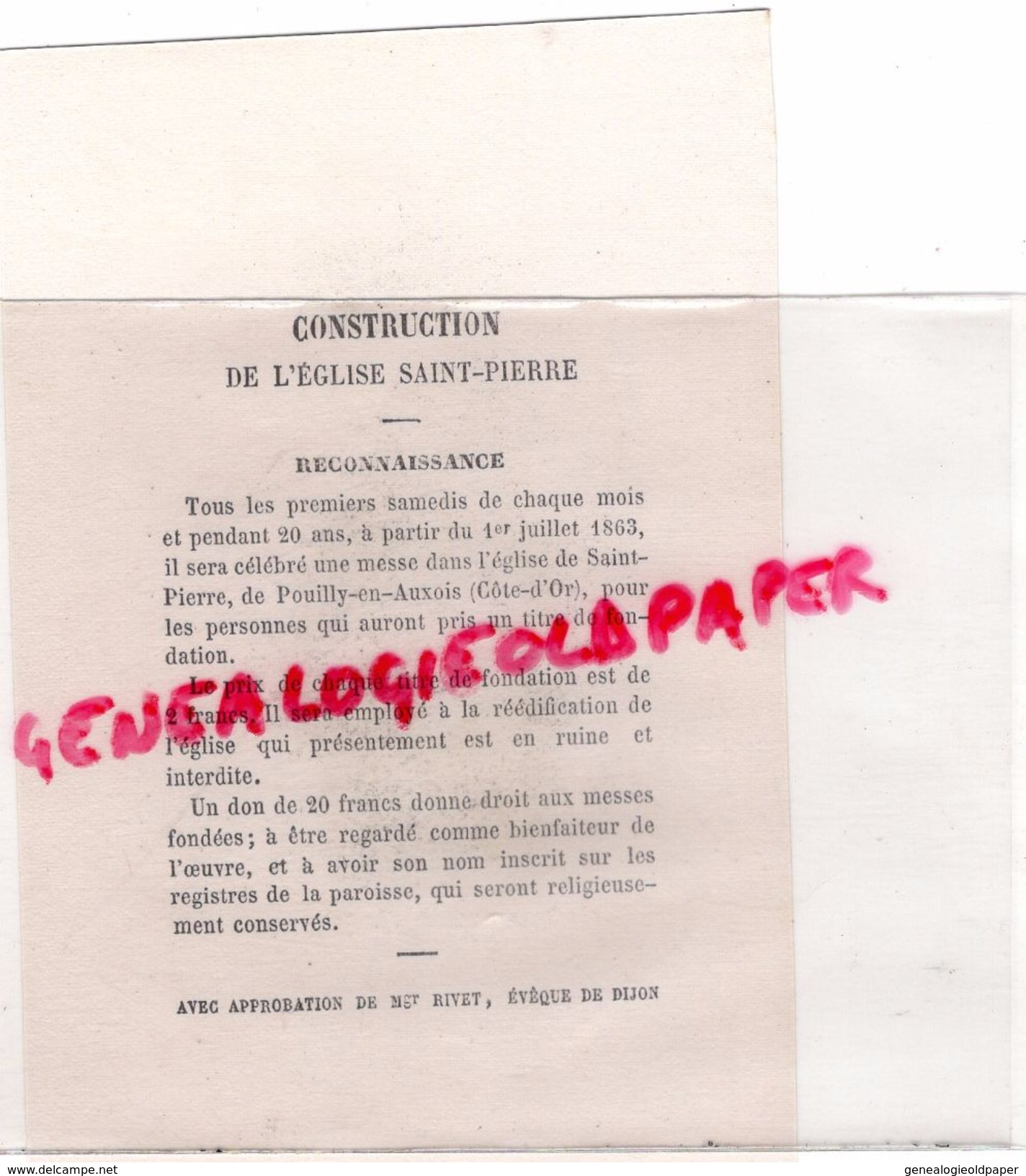 21 - POUILLY EN AUXOIS- RARE LETTRE PAROISSE DOYENNE DIOCESE DIJON- POUR CONSTRUCTION EGLISE SAINT PIERRE 1863-MGR RIVET - Documents Historiques