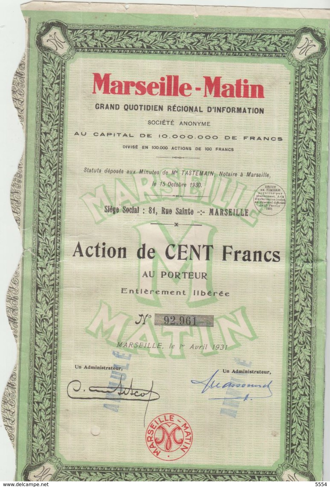 Action De Cent Francs  Marseille Matin - Autres & Non Classés