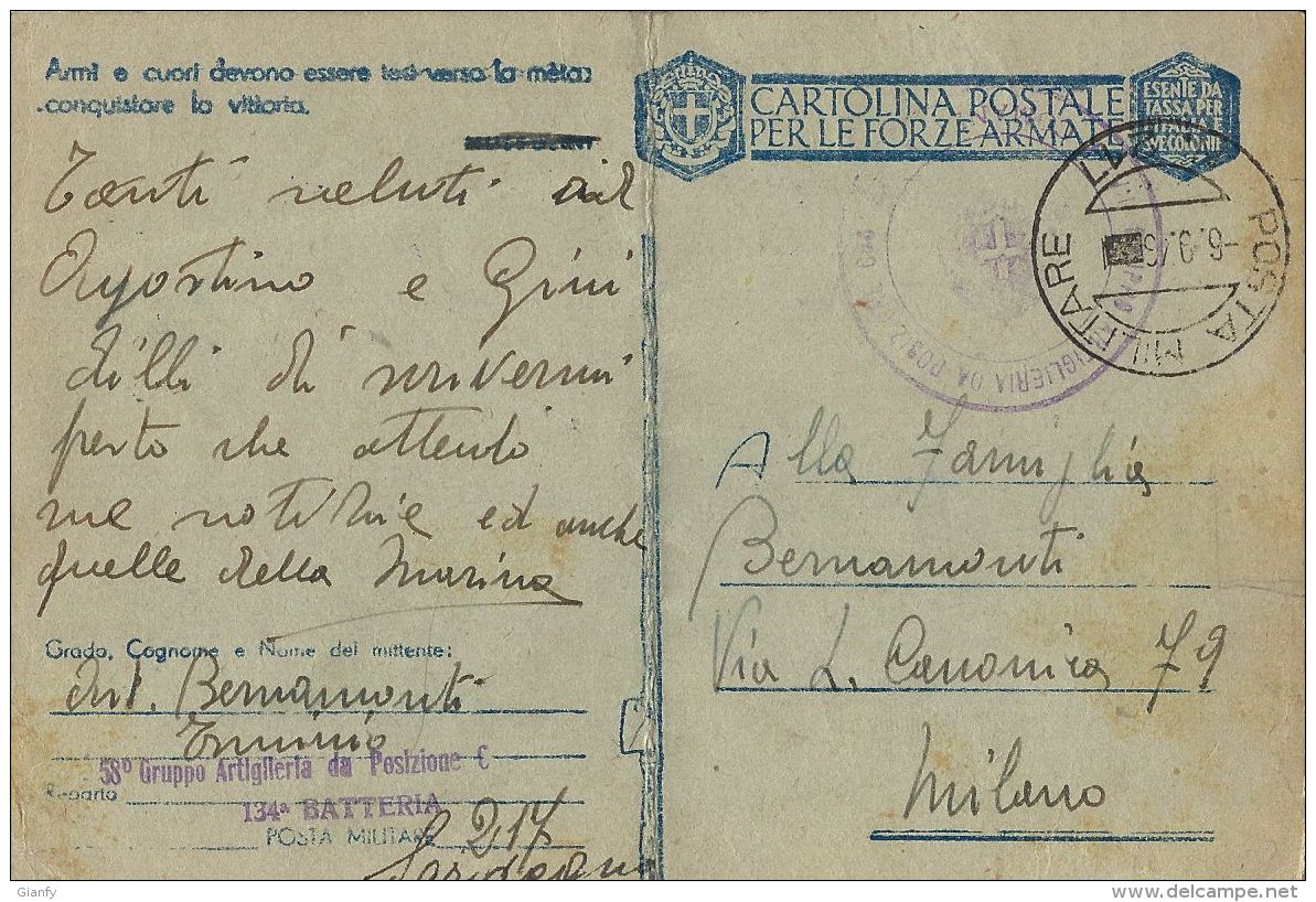 FRANCHIGIA WWII POSTA MILITARE 217 1943 IGLESIAS X MILANO - Military Mail (PM)