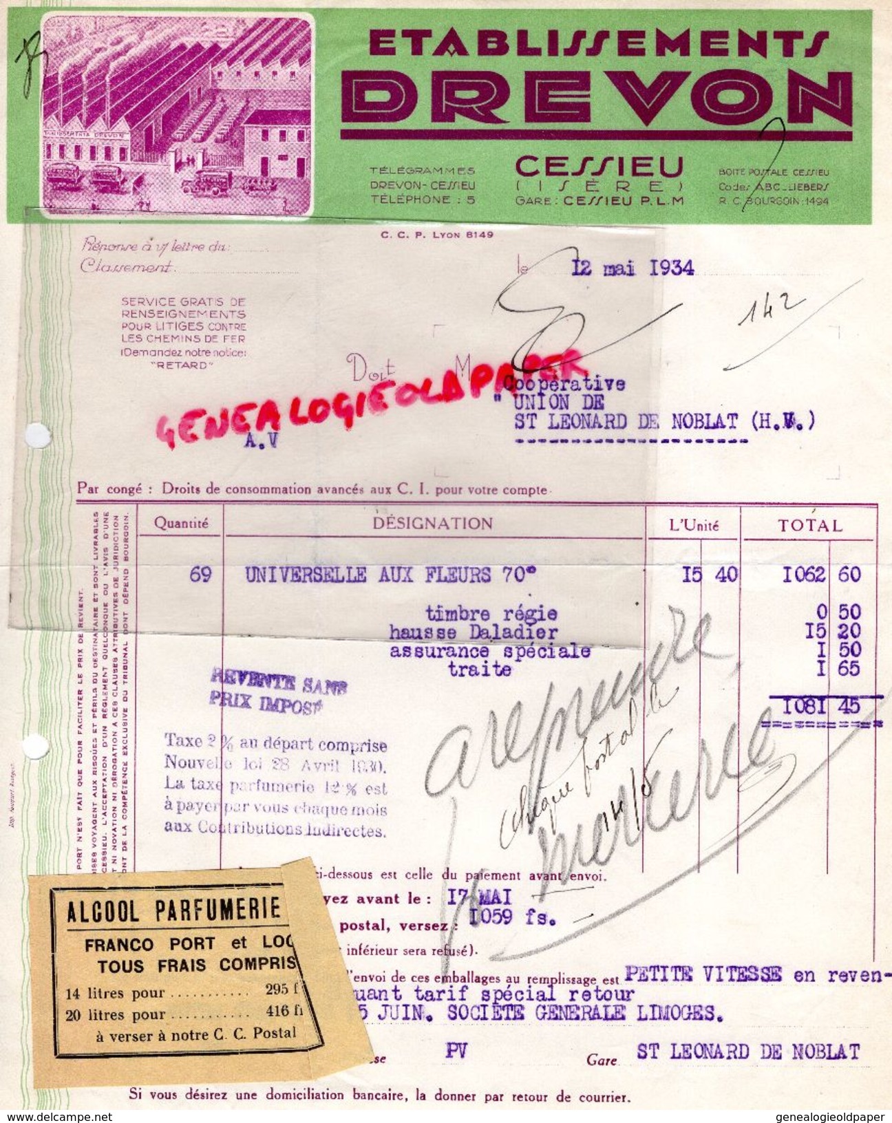 38 - CESSIEU- BELLE FACTURE ETS. DREVON- PARFUMERIE  PARFUM- 1934  RARE AVEC USINE - Drogerie & Parfümerie