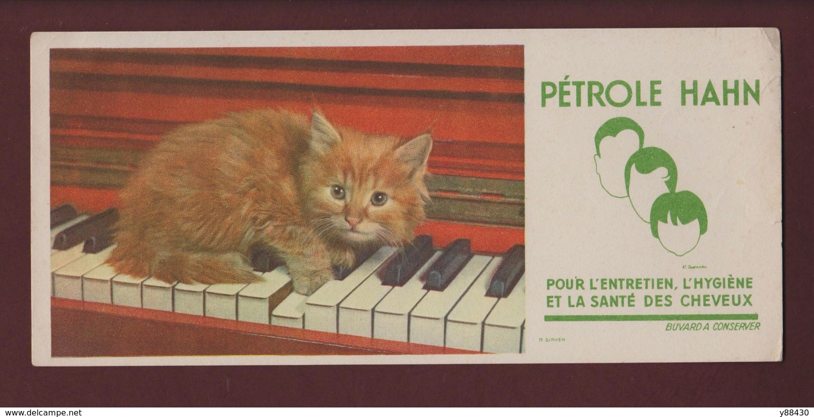 BUVARD - PETROLE HAHN - Chat Sur Le Piano - Pour L'entretien Des Cheveux  - 2 Scannes. - M