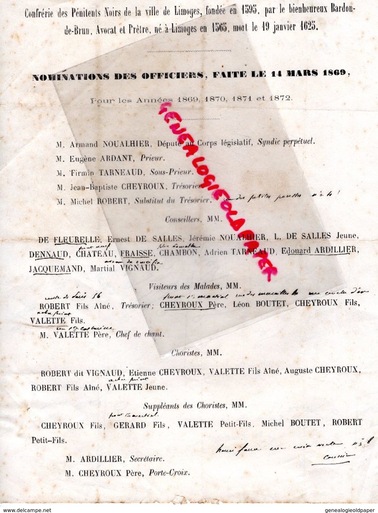 87-LIMOGES-LETTRE NOMINATIONS OFFICIERS 1869 CONFRERIE PENITENTS NOIRS-BARDON DE BRUN-NOUALHIER-ARDANT-TARNEAUD-CHEYROUX - Documents Historiques