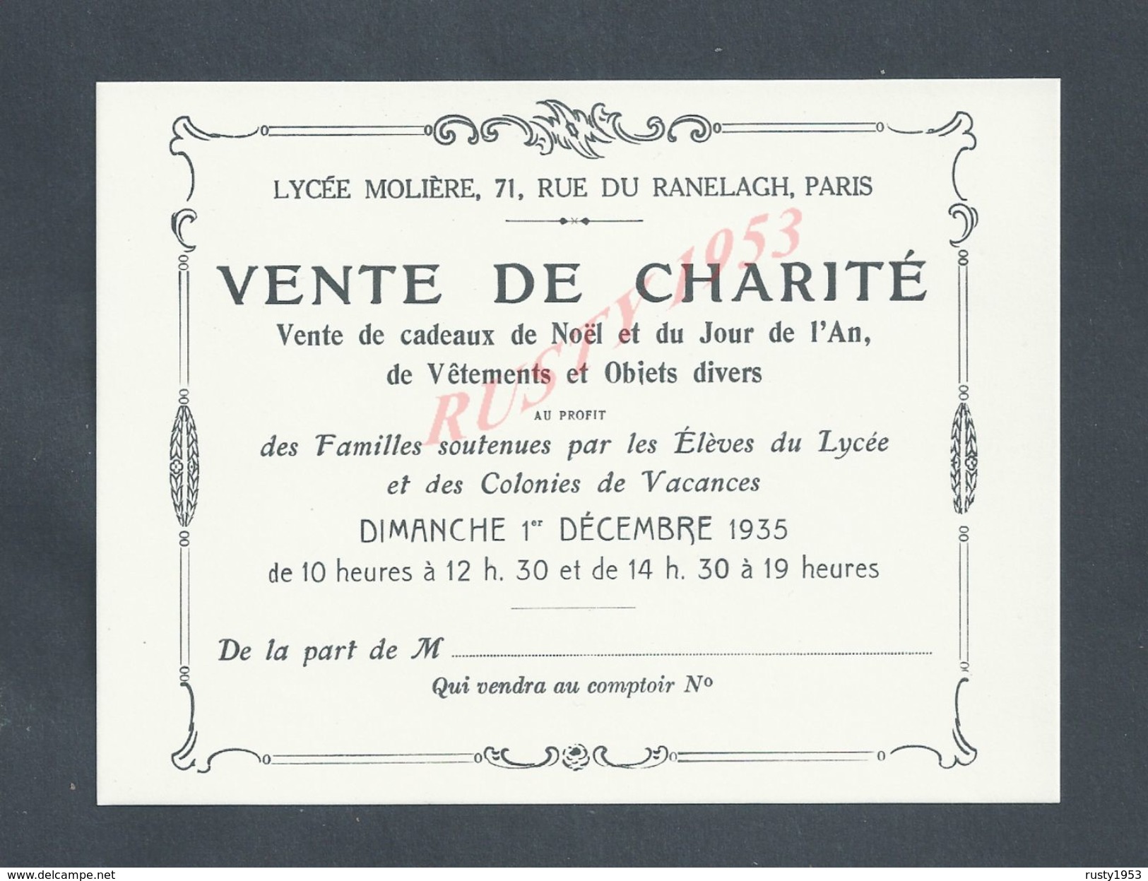 FAIRE PART D INVITATION CARTE PARIS LYCEE MOLIERE RUE DU RANELACH VENTE DE CHARITE 1935 : - Autres & Non Classés