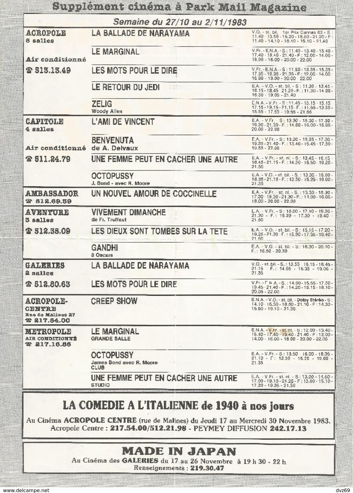 Publicité Pour CAMEL, Feuille  Tirée Du Supplément Cinéma à Park Mail Magazine, 1983 - Documents