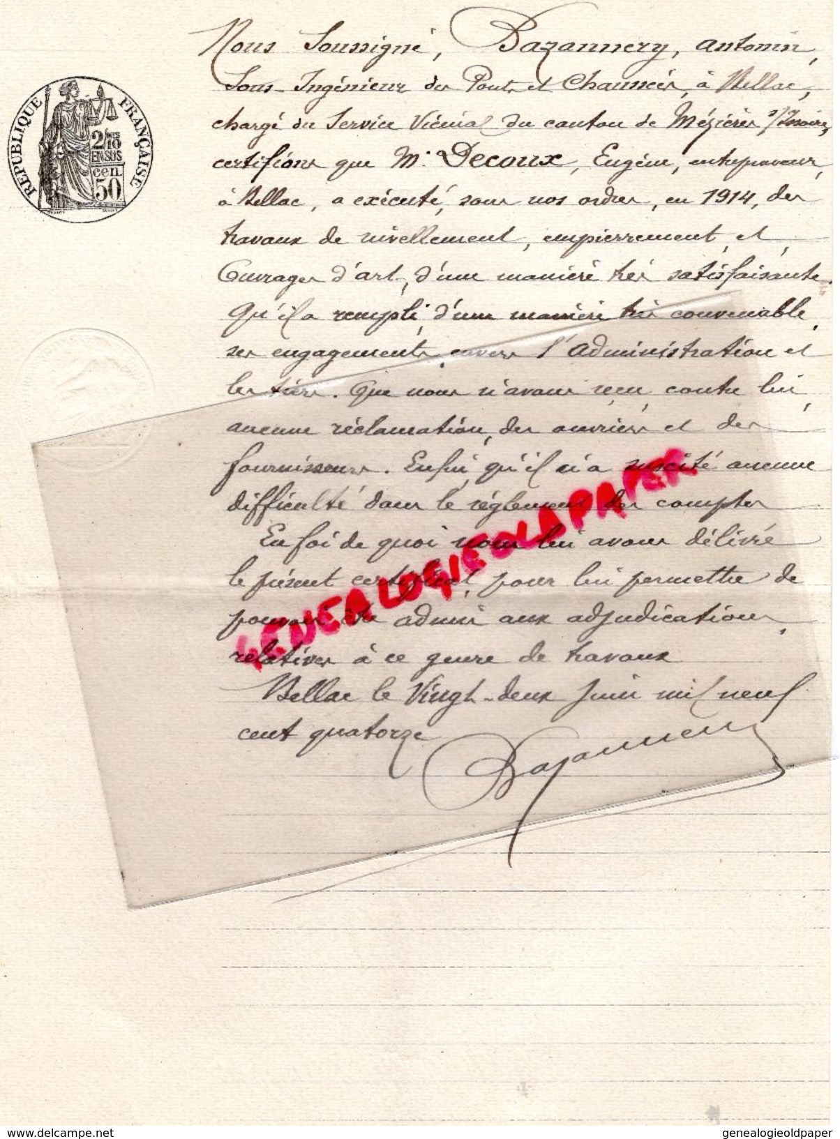 87 -BELLAC-LETTRE ANTONIN BAZANNERY-INGENIEUR PONTS CHAUSSEES A M. DECOUX BELLAC POUR TRAVAUX MEZIERES SUR ISSOIRE-1914 - Documents Historiques