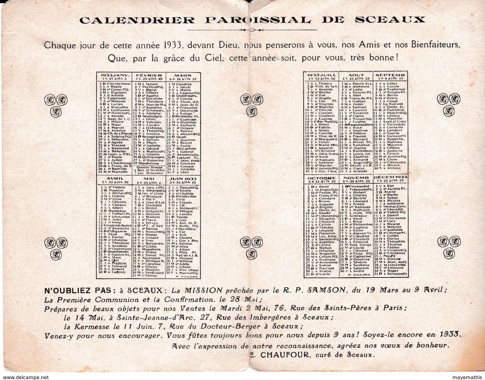 Calendrier Paroissial De Sceaux 1933 - Sceaux