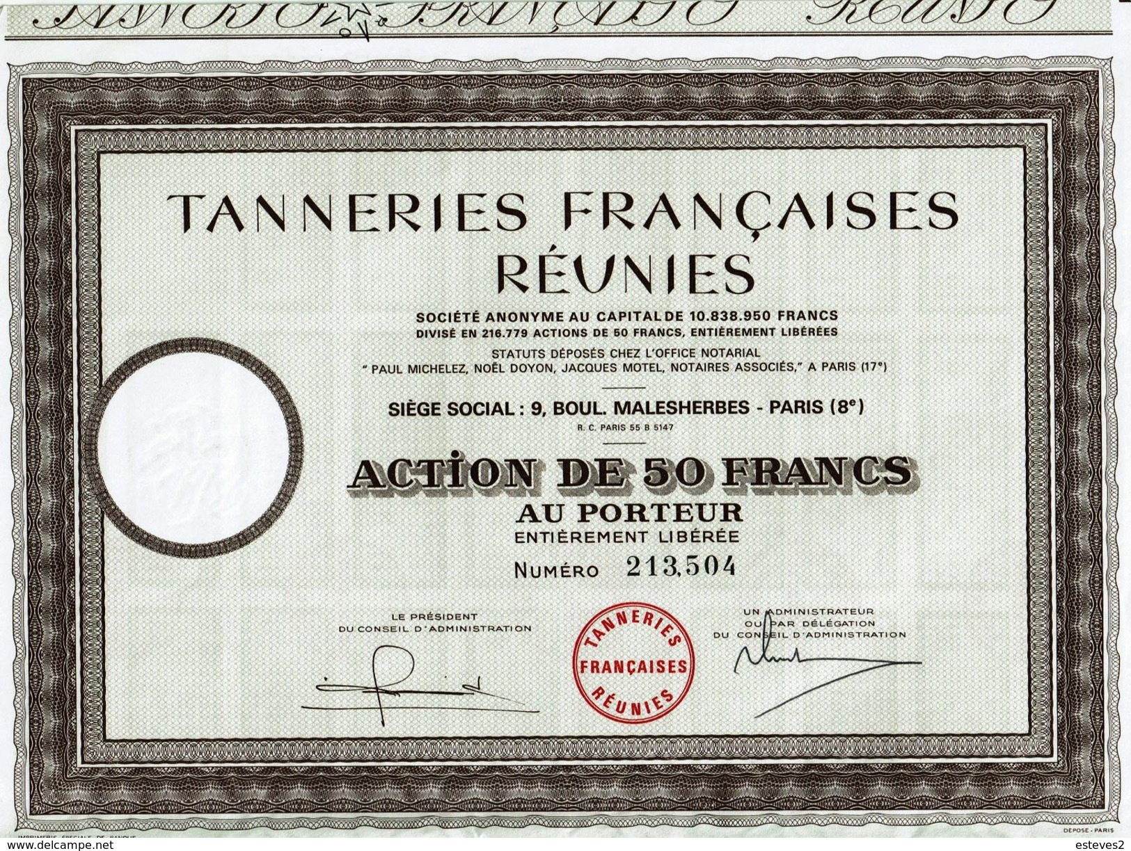 France , Sharholding , Action , Tanneries Françaises Réunies - S - V