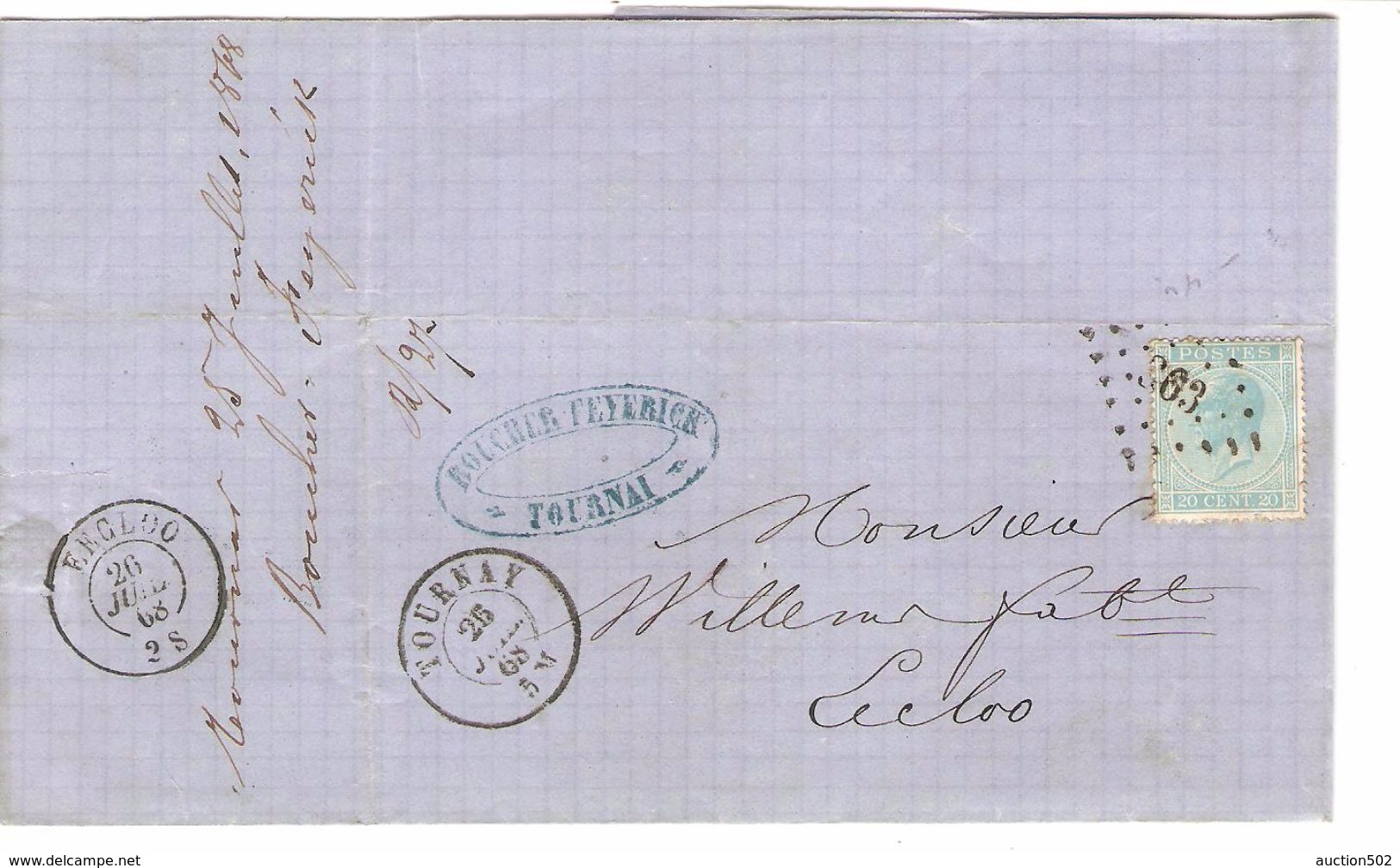 TP 18 S/LAC C.Bleu Boucher Feyerick Tournai LOS 363 C.Tournay 26/6/1868 V.Eecloo C.d'arrivée PR4765 - Postmarks - Points