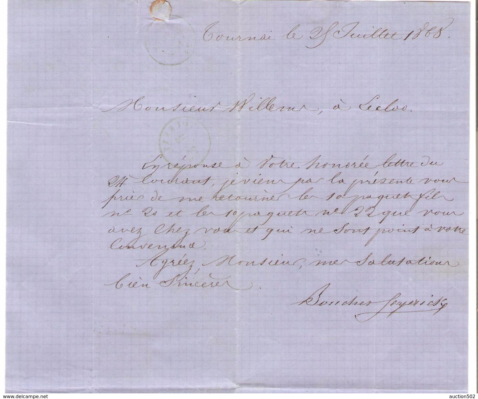 TP 18 S/LAC C.Bleu Boucher Feyerick Tournai LOS 363 C.Tournay 26/6/1868 V.Eecloo C.d'arrivée PR4765 - Oblitérations à Points