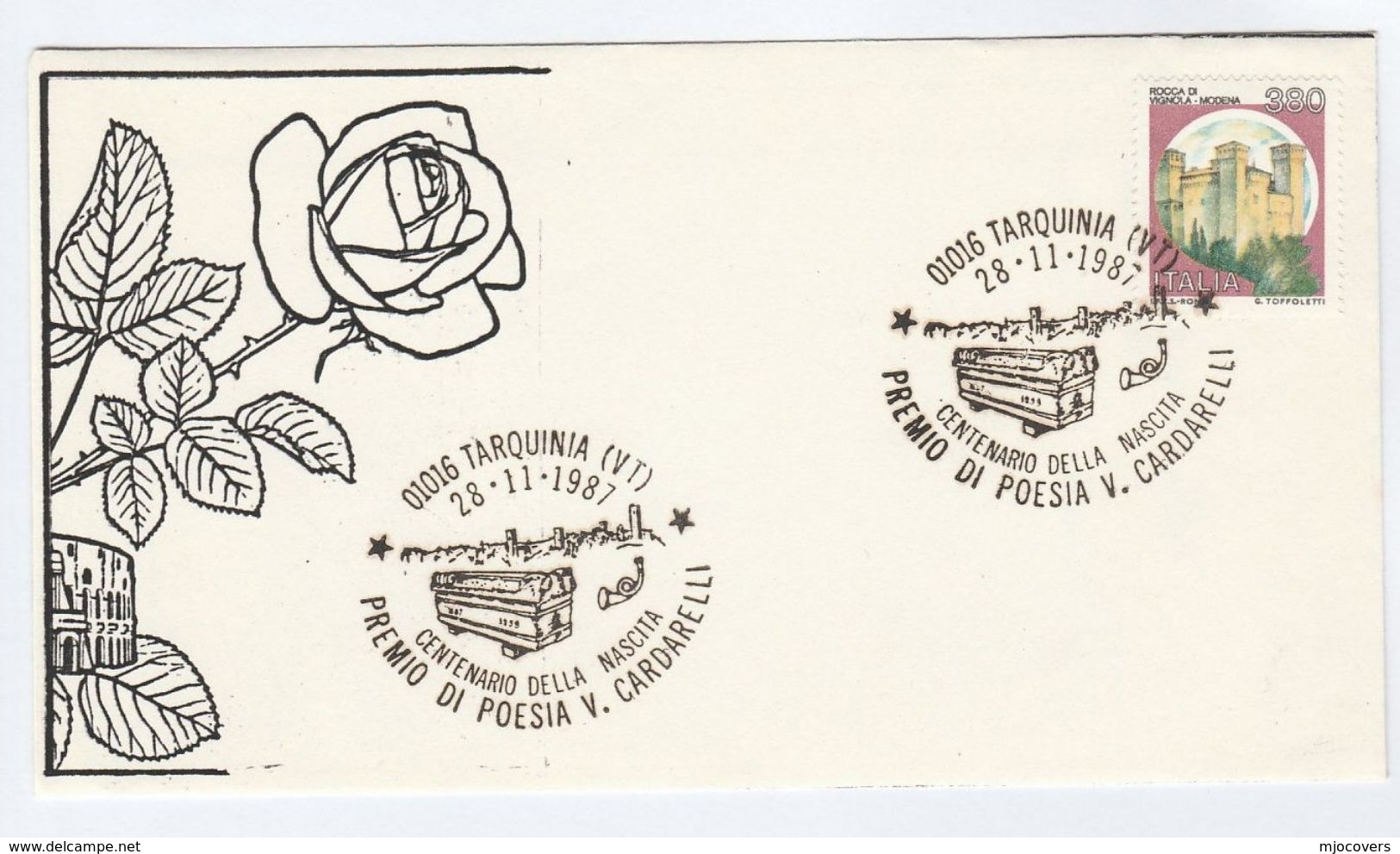 1987 ROSE Tarquinia VINCENZO CARDARELLI Birth CENTENARY EVENT COVER Flower  Flowers Roses Poet Literature Italy Stamps - Roses