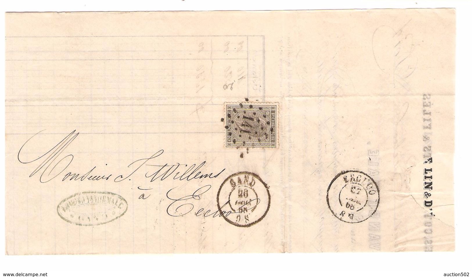 TP 17 S/LAC Facture E.Vande Male Lin&Etoupes LOS 141 C.Gand 26/12/1868 V.Eecloo C.d'arrivée PR4766 - Puntstempels