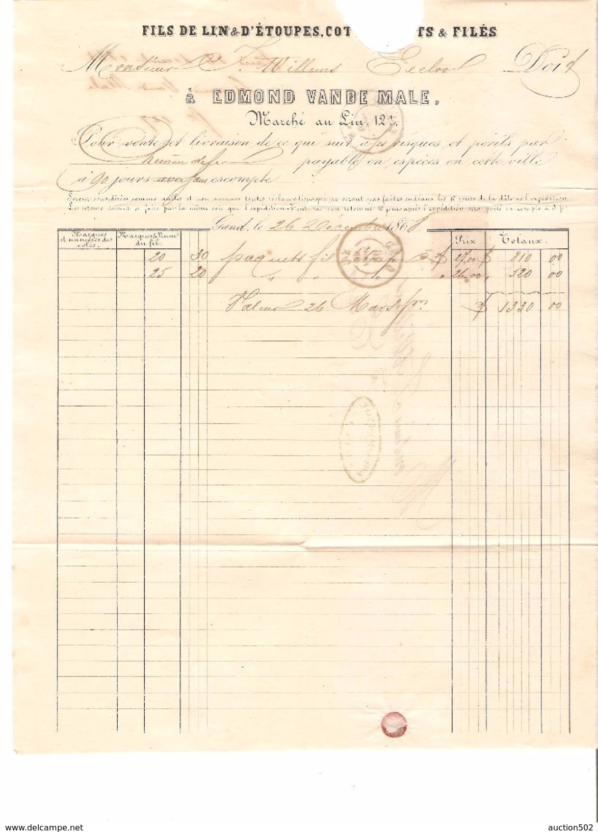 TP 17 S/LAC Facture E.Vande Male Lin&Etoupes LOS 141 C.Gand 26/12/1868 V.Eecloo C.d'arrivée PR4766 - Puntstempels