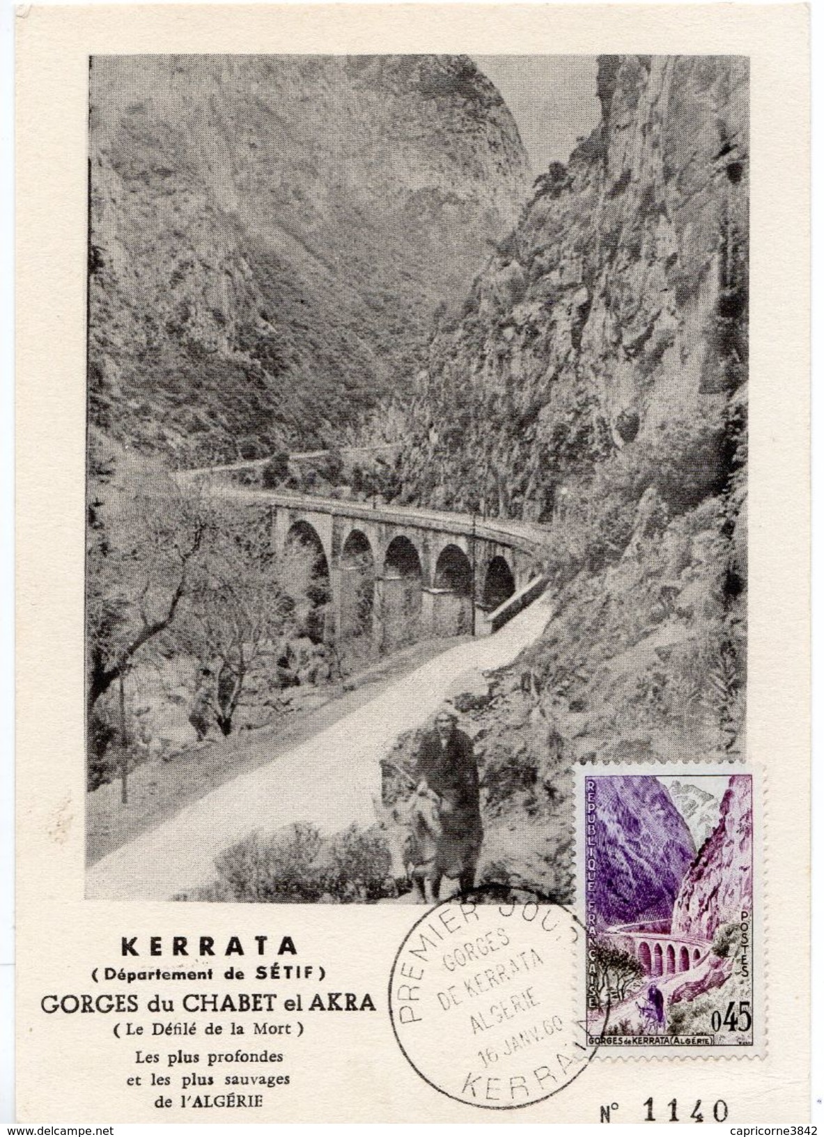 1960 - Kerrata Algérie -  Oblitération Temporaire 1er Jour  "GORGES DE KERRATA" Sur Carte Postale Des Gorges - Tp N° 123 - 1960-1969