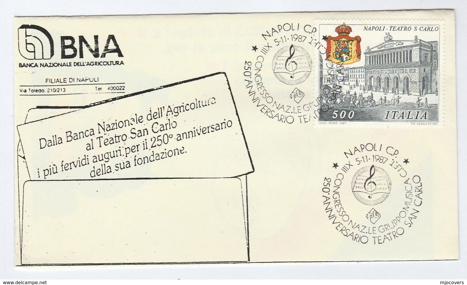 1987 Napoli TEARTO SAN CARLO 250th Anniv EVENT COVER By Banca Nazionale Opera Music Banking Stamp Italy Theatre Heraldic - Music