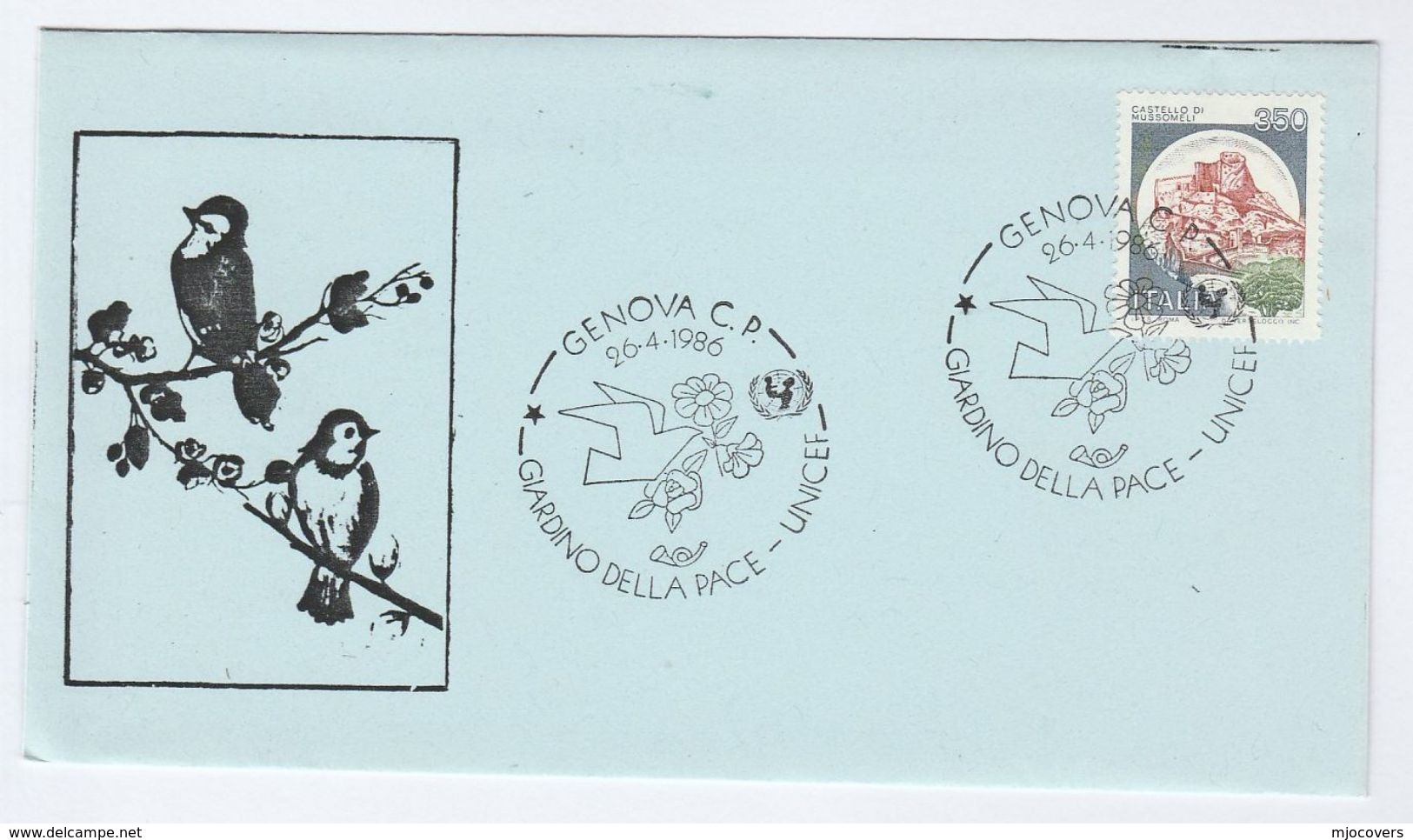1986 Genoa UNICEF PEACE GARDEN EVENT COVER Italy Un United Nations Bird Flower Stamps Birds - 1981-90: Marcophilie