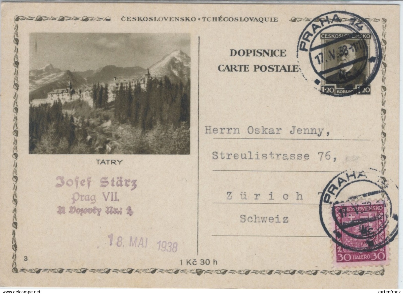 BPK Bildpostkarte Ganzsache Postkarte Ceskoslovensko CSR  - Bild 3 Tatry Tatra - Prag Nach Zürich Schweiz O 1938 - Ansichtskarten