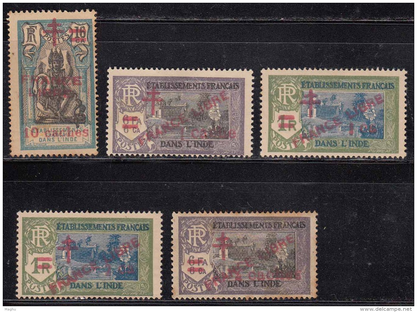 Surcharge 5 Diff.,  French India MH / Wash Gum 1942, Overprint FRANCE LIBRE And Cross, As Scan - Unused Stamps