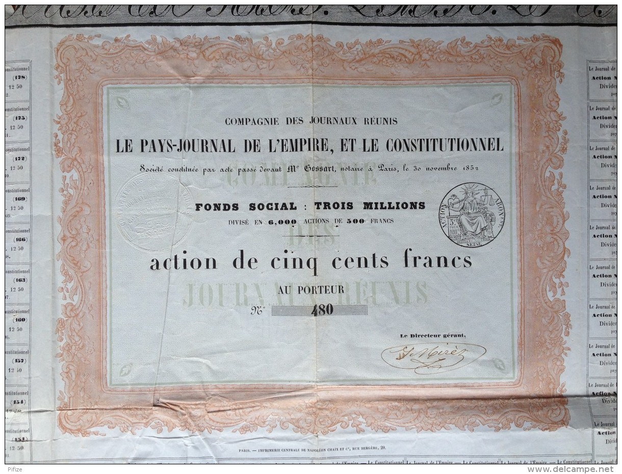 Action De 500 F Compagnie Des Journaux Réunis 1852 . Le Pays-Journal De L'Empire . Le Constitutionnel . Rare . - J - L